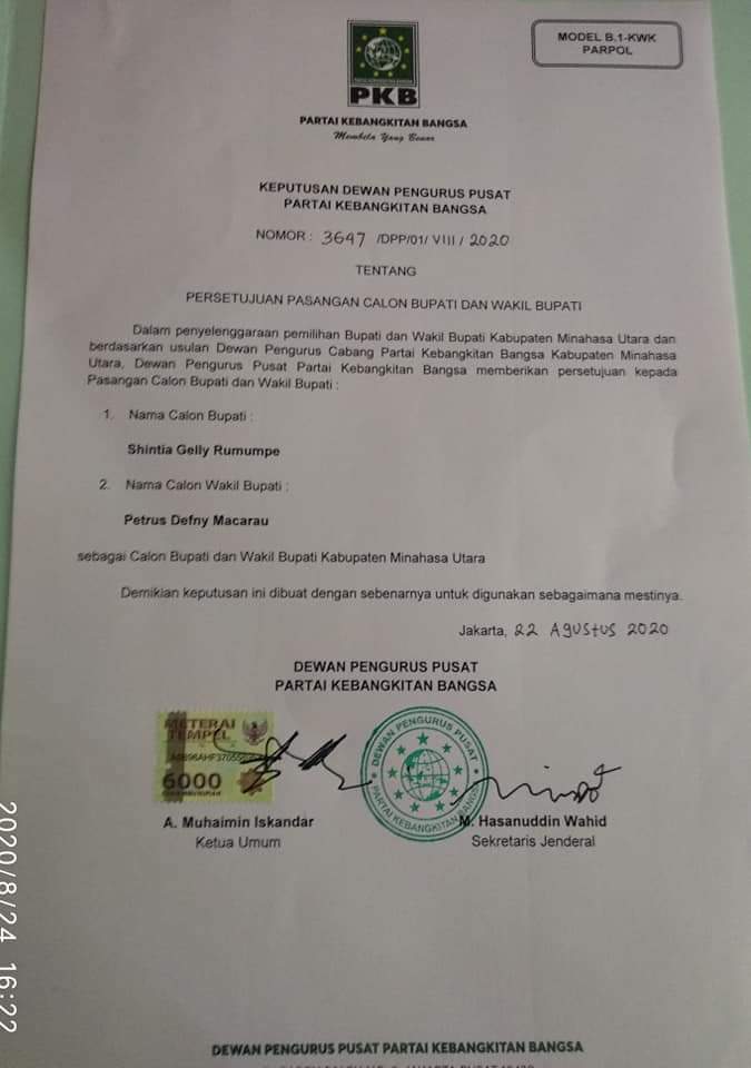 Langsung Diserahkan Ketua bapilu DPP PKB, SGR-PDM Segel SK B1KWK