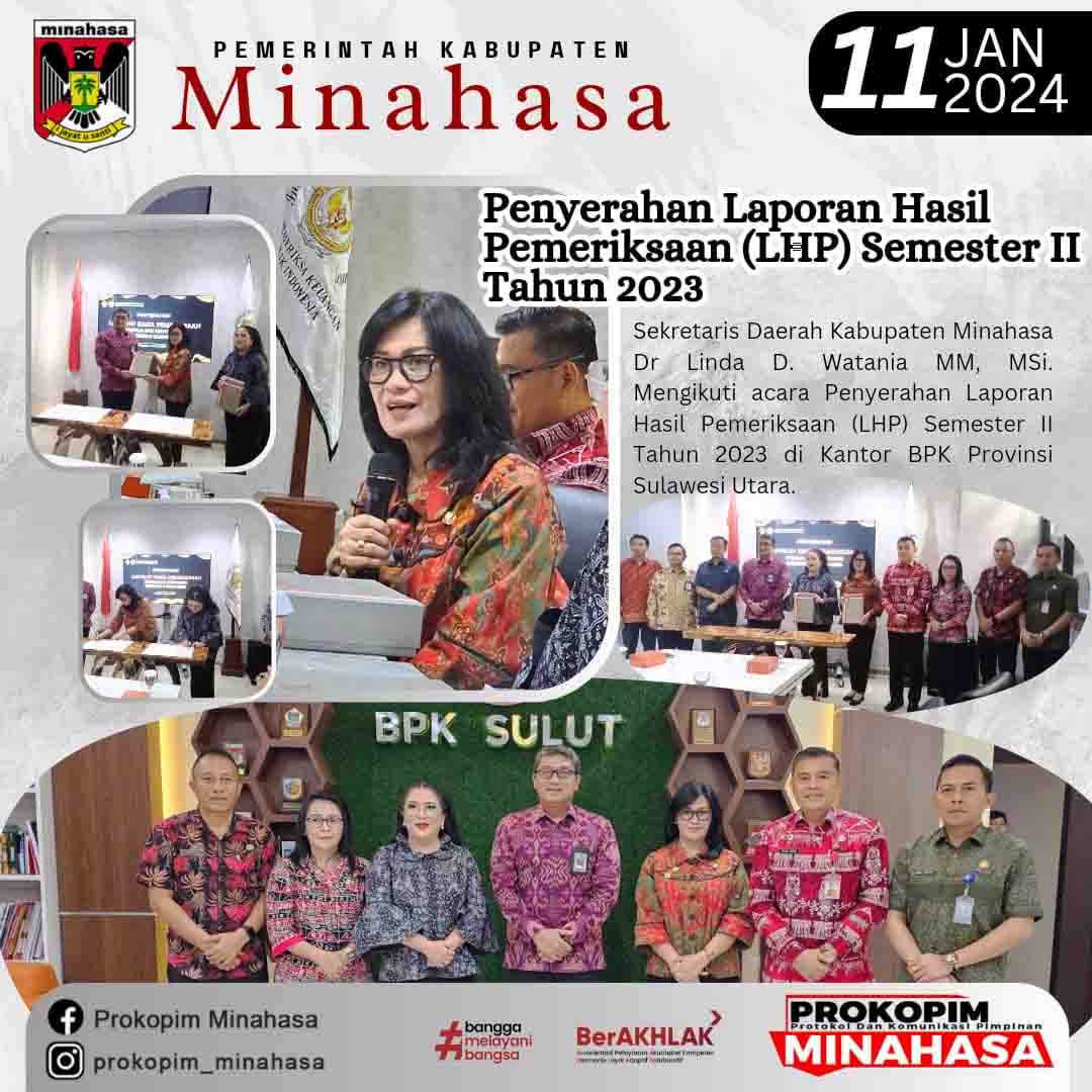 Wakili Bupati Minahasa, Sekda Lynda Watania Terima LHP Kinerja Semester II 2023 dari BPK RI Perwakilan Sulut