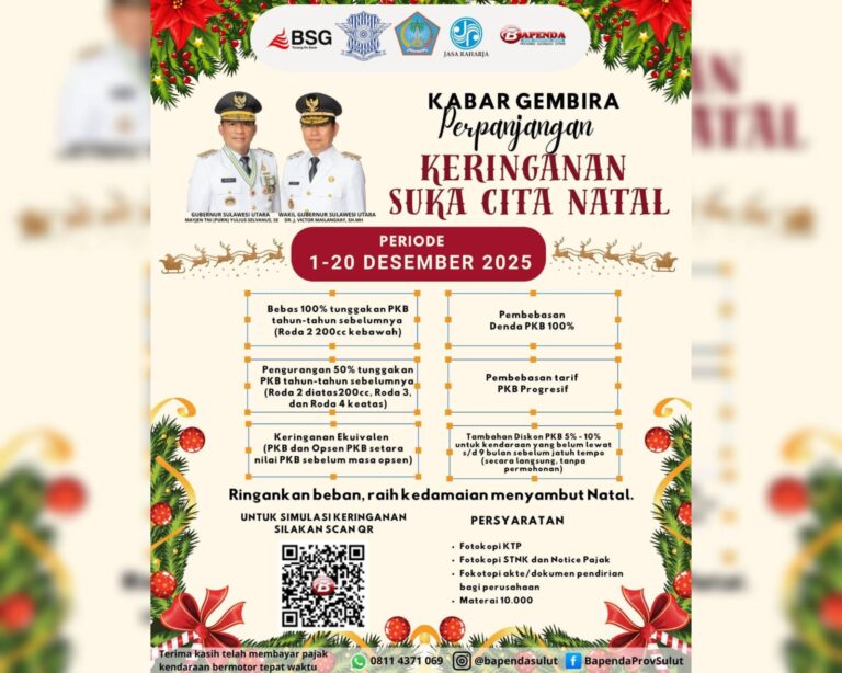 Pemprov Sulut Perpanjang Program Keringanan Pajak ‘Suka Cita Natal’ hingga 20 Desember 2025